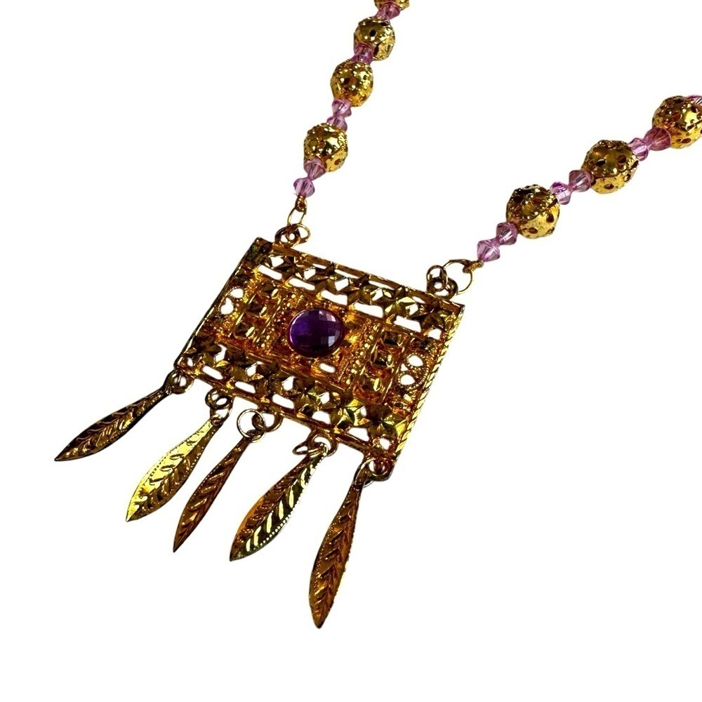 Vintage Gold and Purple Beaded Pendant Necklace